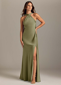 Azazie Kinsley Bridesmaid Dresses Pistachio Mermaid Side Slit Stretch Satin Dress image1