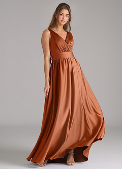 Azazie Kora At-home Try On Dresses Dusty Blue A-Line Pleated Stretch Satin Dress image4