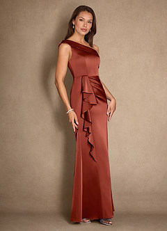 Azazie Hamptons Mother of the Bride Dresses Terracotta A-Line Pleated Stretch Satin Dress image3