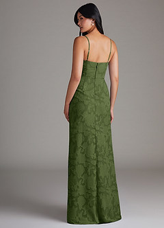 Azazie Maci Bridesmaid Dresses Olive Sheath Pleated Floral Burnout Dress image2