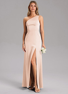 Azazie Feby Bridesmaid Dresses Blushing Pink A-Line One Shoulder Stretch Satin Dress image3