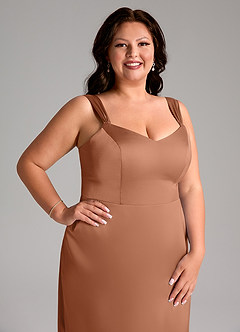 Azazie Denice Robes de demoiselle d'honneur Robe Fourreau en Satin extensible Plissée Bronze image7