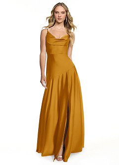 Azazie Kayla Final Sale Butterscotch A-Line Side Slit Stretch Satin Dress image1