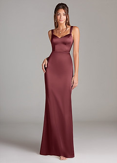 Azazie Denice Vestidos de damas de honor Vestido de Merlot de Satén Elástico de Corte Recto con Plisado image3