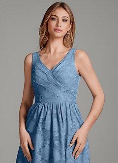 Azazie Keyla At-home Try On Dresses Steel Blue A-Line Pleated Floral Burnout Dress image6