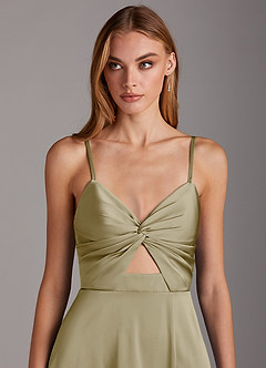 Azazie Jenna Bridesmaid Dresses Moss Green A-Line Pleated Stretch Satin Dress image6