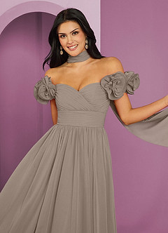 Barbie ♥ Azazie Robes de demoiselle d'honneur Robe Trapèze Convertible en Mousseline de soie Épaule décolletée Taupe image4