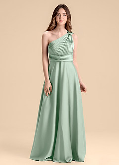 Azazie Charlize Junior Agave A-Line Pleated Stretch Satin Dress image1