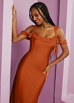 Barbie ♥ Azazie Bridesmaid Dresses Burnt Orange Sheath Pleated Stretch Satin Dress image14