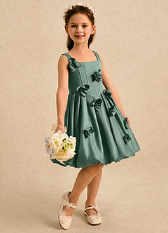 Azazie Lillian Flower Girl Dresses Eucalyptus Ball-Gown Pleated Matte Satin Dress image4
