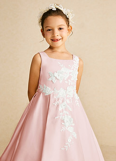 Azazie Kata Flower Girl Dresses Blushing Pink A-Line Lace Matte Satin Dress image3