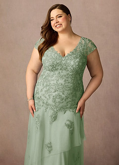 Azazie Romy Mother of the Bride Dresses Dusty Sage Mermaid V-Neck Sequins Tulle Dress image11