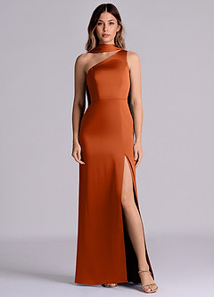 Azazie Philana Bridesmaid Dresses Burnt Orange A-Line One Shoulder Stretch Satin Dress image1