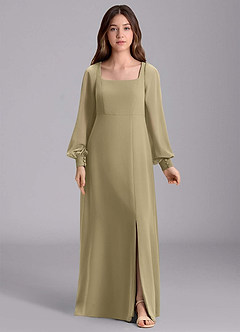 Azazie Bondi Junior Moss Green A-Line Blouson Chiffon Dress image7