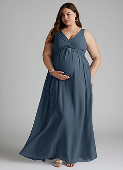 Azazie Yetta Maternity Bridesmaid Dresses A-Line V-Neck Gathered Chiffon Floor-Length Dress image7