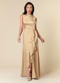 Azazie Narine Mother of the Bride Dresses Champagne A-Line High Neckline Pleated Stretch Satin Dress image3