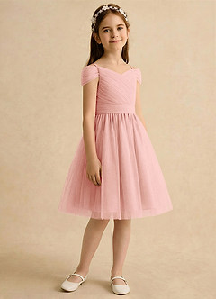 Azazie Lila Girls Formal Robe Demoiselle D'honneur Fillette Robe Trapèze en Tulle Épaule décolletée Rosette image5