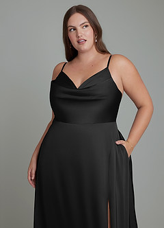 Azazie Sarella At-home Try On Dresses Black A-Line Pleated Stretch Satin Dress image8