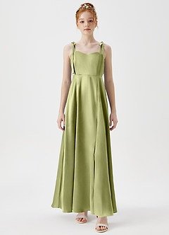 Azazie Rosey Junior A-Linie Herzausschnitt Metallischer Satin Kleid Pistazie image6