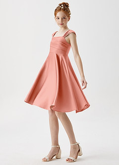 Azazie Amira Junior A-Linie Plissee Stretch-Satin Kleid Koralle image4