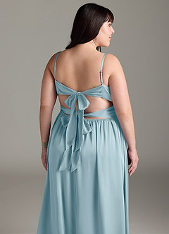 Azazie Zeya Robes de demoiselle d'honneur Robe Trapèze en Satin extensible Plissée Bleu Maussade image15