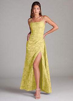 Azazie Denisa Bridesmaid Dresses Canary Sheath Pleated Floral Burnout Dress image3