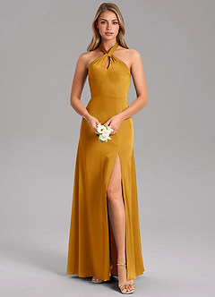 Azazie Tracie Robes de demoiselle d'honneur Robe Trapèze en Satin extensible Fente Latérale Caramel écossais image1