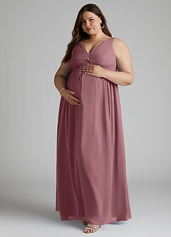 Azazie Yetta Maternity Bridesmaid Dresses A-Line V-Neck Gathered Chiffon Floor-Length Dress image9