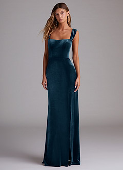 Azazie Junia Vestidos de damas de honor Vestido de Topacio Azul de terciopelo de Corte Recto Convertible con Vestidos sin tirantes image1