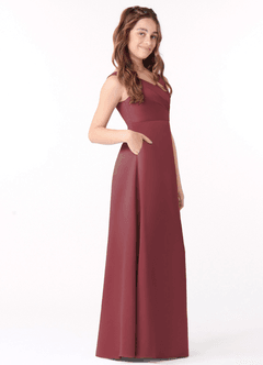 Azazie Sadia Junior Merlot A-Line Pleated Stretch Satin Dress image2