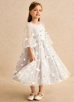 Azazie Elowen vestidos de niña de las flores Vestido Alabastro Blanco de Encaje de Línea A con Escote corazón image4