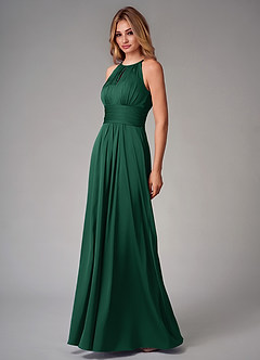 Azazie Bonnie Bridesmaid Dresses Dark Green A-Line Pleated Stretch Satin Dress image3