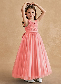 Azazie Cinna Flower Girl Dresses Coral A-Line Lace Tulle Dress image3