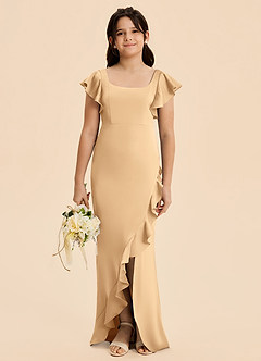 Azazie Demi Junior Vestido de Oro de Satén Elástico de Corte en A con Lazo image1