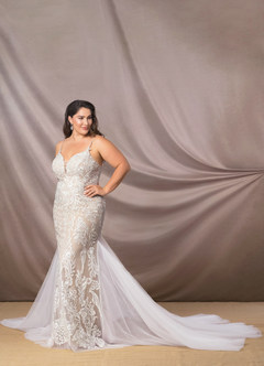 Azazie Josephine Final Sale Diamond White Nude Mermaid V-Neck Sequins Tulle Dress image11