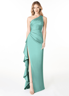 Azazie Latrice Robes de demoiselle d'honneur Robe Fourreau en Satin extensible Volants en cascade à une épaule Aqua image1
