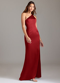 Azazie Arleth Bridesmaid Dresses Pomegranate A-Line One Shoulder Stretch Satin Dress image4