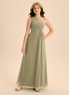 Azazie Brooke Junior Abito A-Line in Chiffon Spacco Laterale Verde Muschio image4
