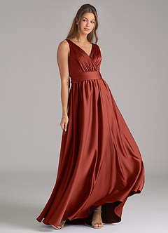 Azazie Kora Bridesmaid Dresses Terracotta A-Line Pleated Stretch Satin Dress image4
