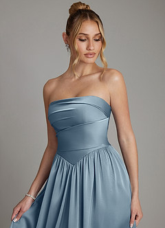 Azazie Zena At-home Try On Dresses Dusty Blue A-Line Strapless Stretch Satin Dress image3