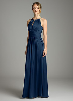 Azazie Bonnie Bridesmaid Dresses Dark Navy A-Line Pleated Stretch Satin Dress image1