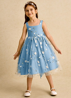 Azazie Bean 플라워 걸 드레스 볼가운 소매 없는 얇실버 명주 그물 무릎 길이 드레스 image3