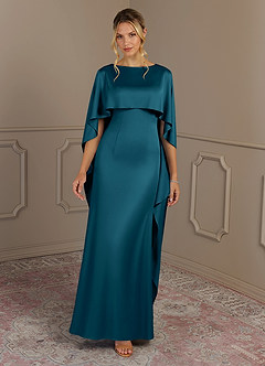 Azazie Eli Mother of the Bride Dresses Ink Blue Sheath Boatneck Stretch Satin Dress image4