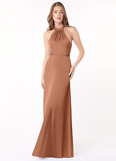 Azazie Delmar Final Sale English Rose A-Line Halter Bow Stretch Satin Dress image1