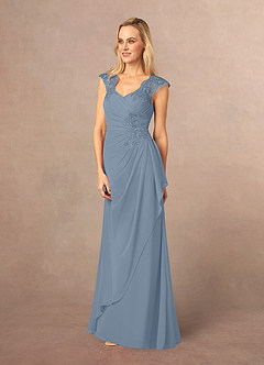 Azazie Gladys Mère de la mariée Robes Robe Trapèze en Mousseline de soie Dentelle Reine Anne Bleu Poussiéreux image3