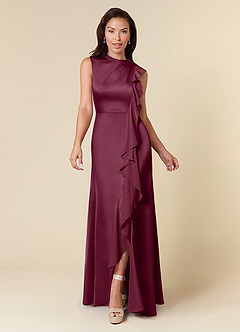 Azazie Narine Mother of the Bride Dresses Mulberry A-Line High Neckline Pleated Stretch Satin Dress image3
