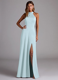 Azazie Myra Bridesmaid Dresses Sea Glass A-Line Side Slit Stretch Satin Dress image1
