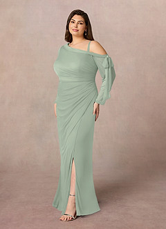 Azazie Marna Mother of the Bride Dresses Dusty Sage Sheath One Shoulder Mesh Dress image2