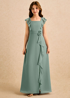 Azazie Soso Girls Formal Robe Demoiselle D'honneur Fillette Robe Trapèze en Mousseline de soie Plissé Sauge D'argent image3