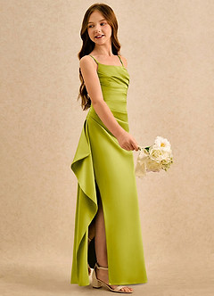 Azazie Cannoli Girls Formal Robe Demoiselle D'honneur Fillette Robe Trapèze en Mat Satiné Plissée Citronnelle image4